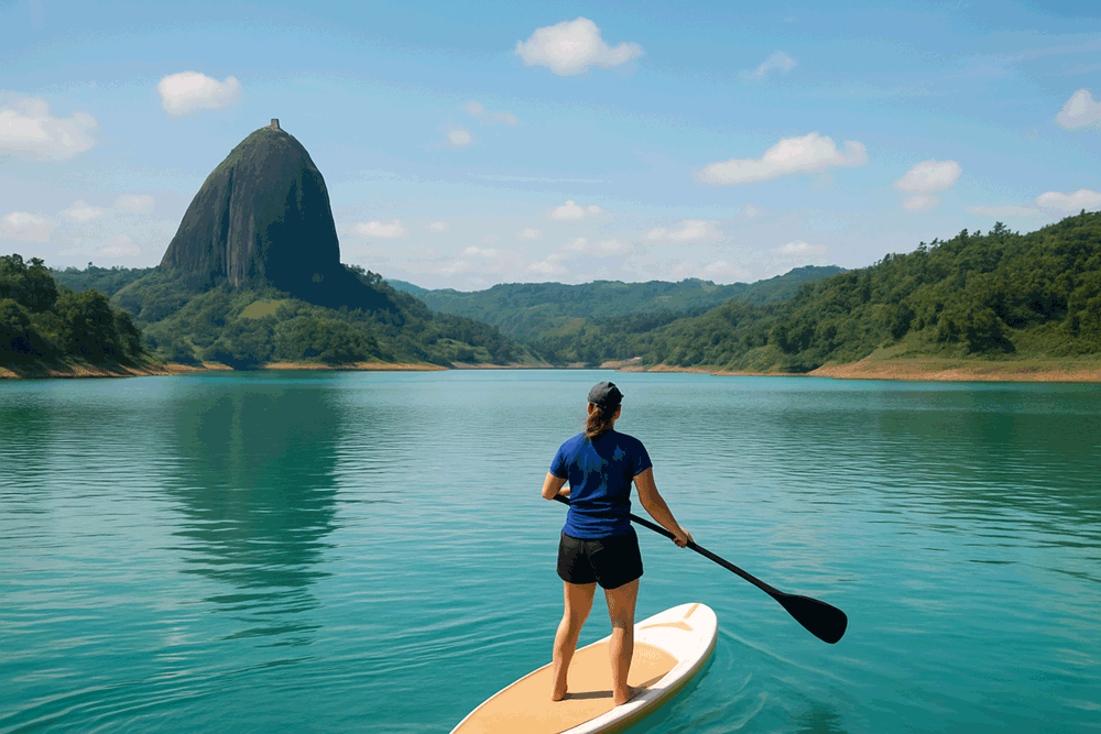 Hacer paddleboard en Guatapé con vista al peñol