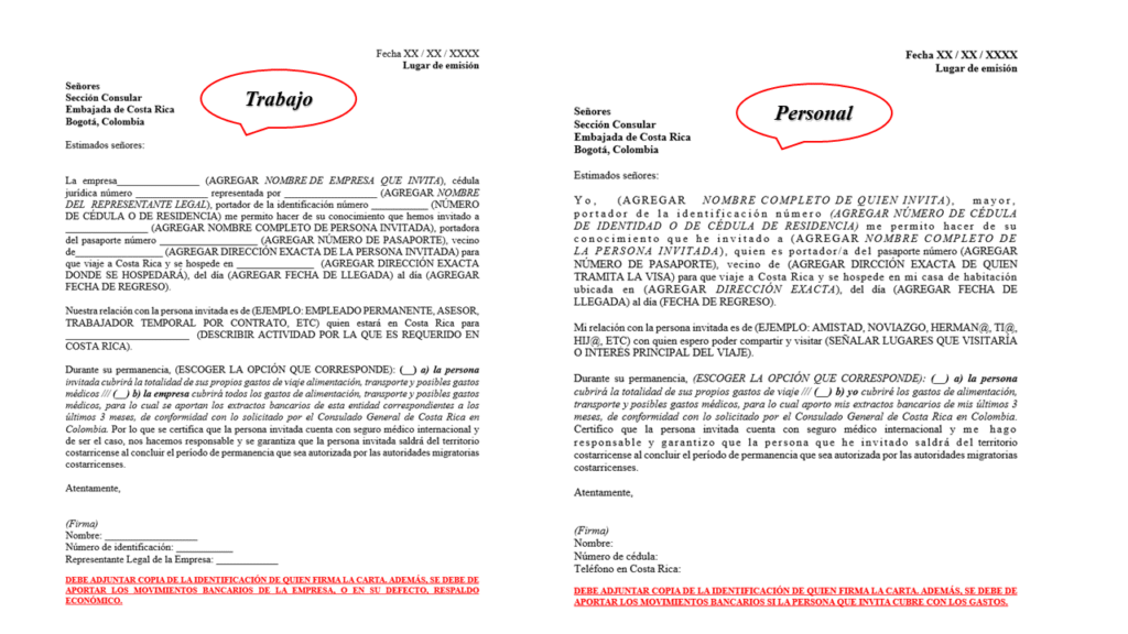 Carta de Invitación para ir a Costa Rica