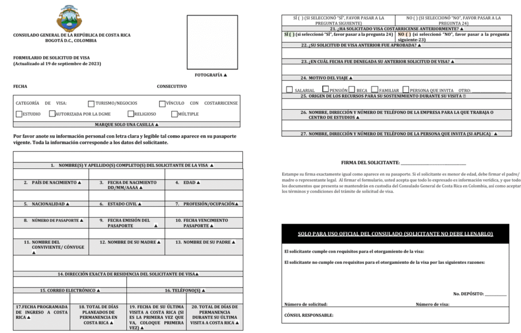 Formulario de Solicitud de Visa de Costa Rica