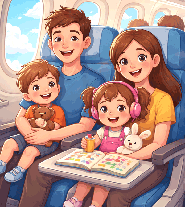 Niños viajando en avión con papa y mama